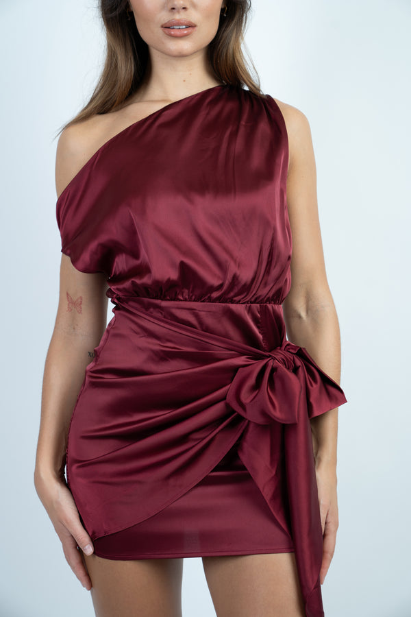 Skirt & Stiletto Wine Off The Shoulder Mini Satin Dress With Bow
