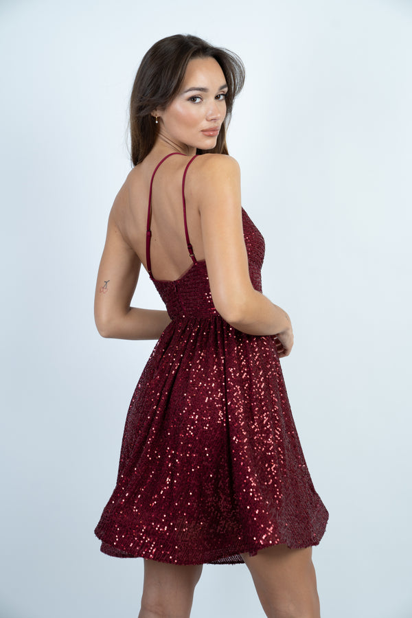 Skirt & Stiletto Wine One Shoulder Sequin Skater Dress