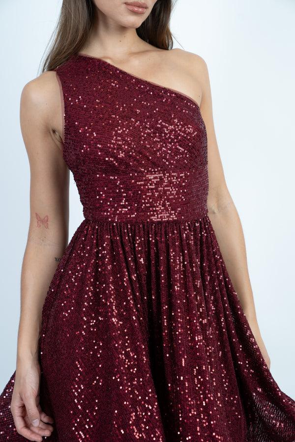 Skirt & Stiletto Wine One Shoulder Sequin Skater Dress