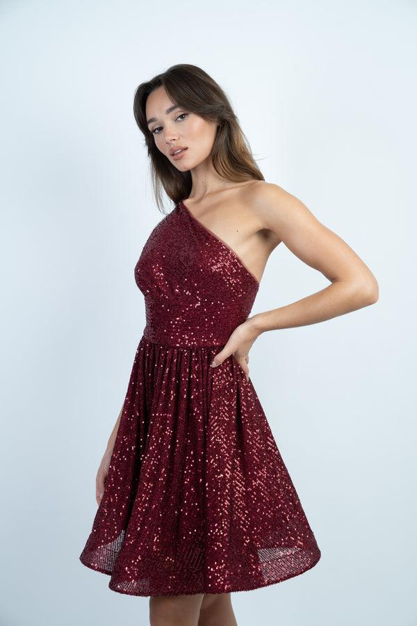 Skirt & Stiletto Wine One Shoulder Sequin Skater Dress