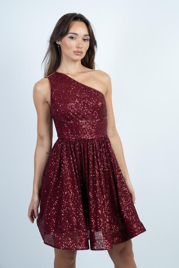 skirt & stiletto Wine One Shoulder Sequin Skater Dress