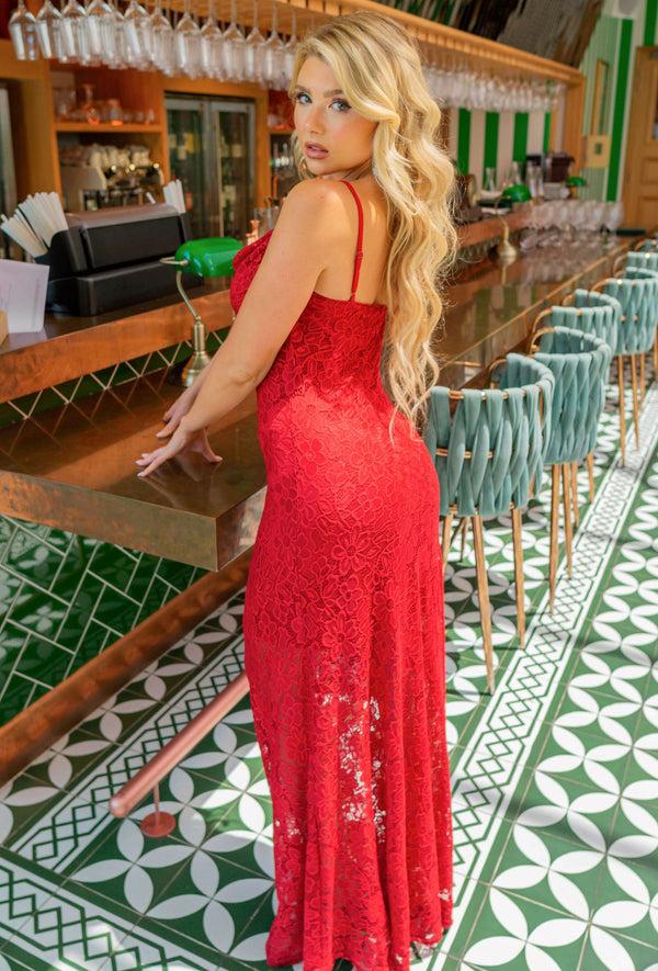 Skirt & Stiletto Wine Stretch Lace Maxi Dress With Cowl Neck