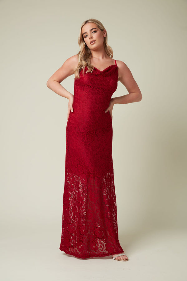 Skirt & Stiletto Wine Stretch Lace Maxi Dress With Cowl Neck