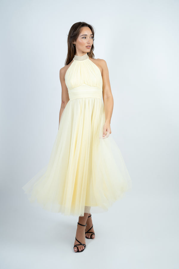 skirt & stiletto Yellow Tulle Halterneck Midi Dress with Back Bow
