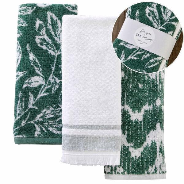 skl home Asheville 3-Piece Turkish Cotton Hand Towel Gift Set Evergreen/White