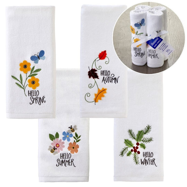 skl home Hello Seasons 3D Embellished 4-Piece Hand Towel Set White