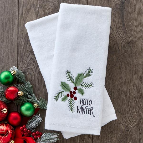 Skl Home Hello Winter Holly 3D Appliqué 2-Piece Hand Towel Set White