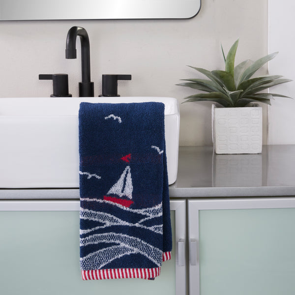 Skl Home Sailboat Waves Jacquard 2-Piece Hand Towel Set Navy