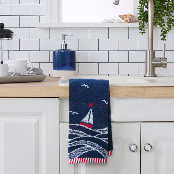 Skl Home Sailboat Waves Jacquard 2-Piece Hand Towel Set Navy