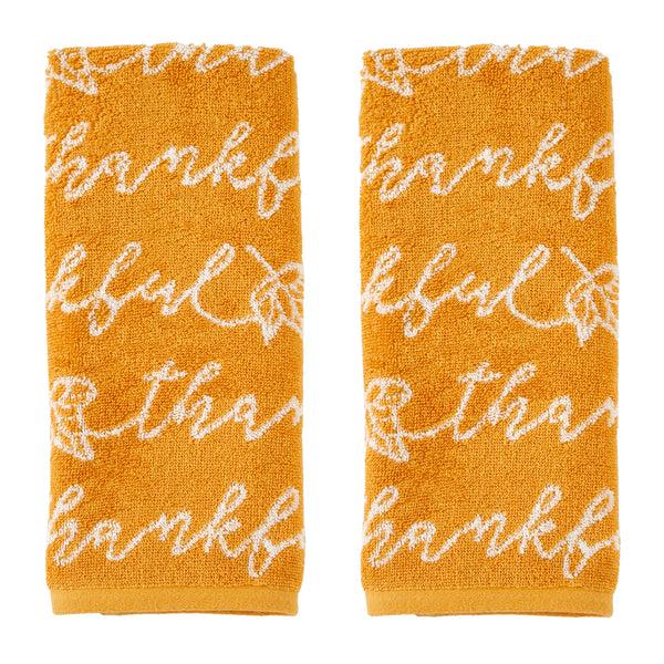 skl home Thankful Script Jacquard 2-Piece Hand Towel Set Curry