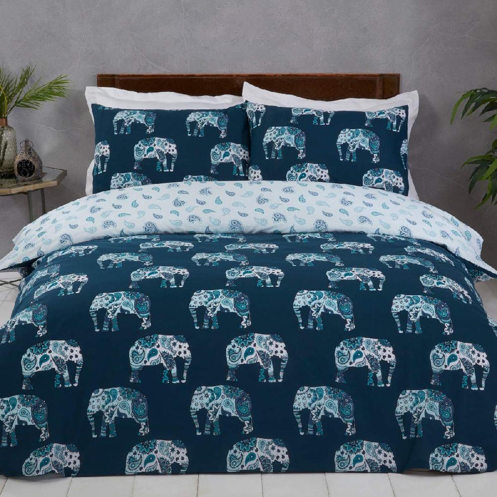 sleepdown Elephant Paisley - Reversible Duvet Cover & Pillowcase Set - Blue