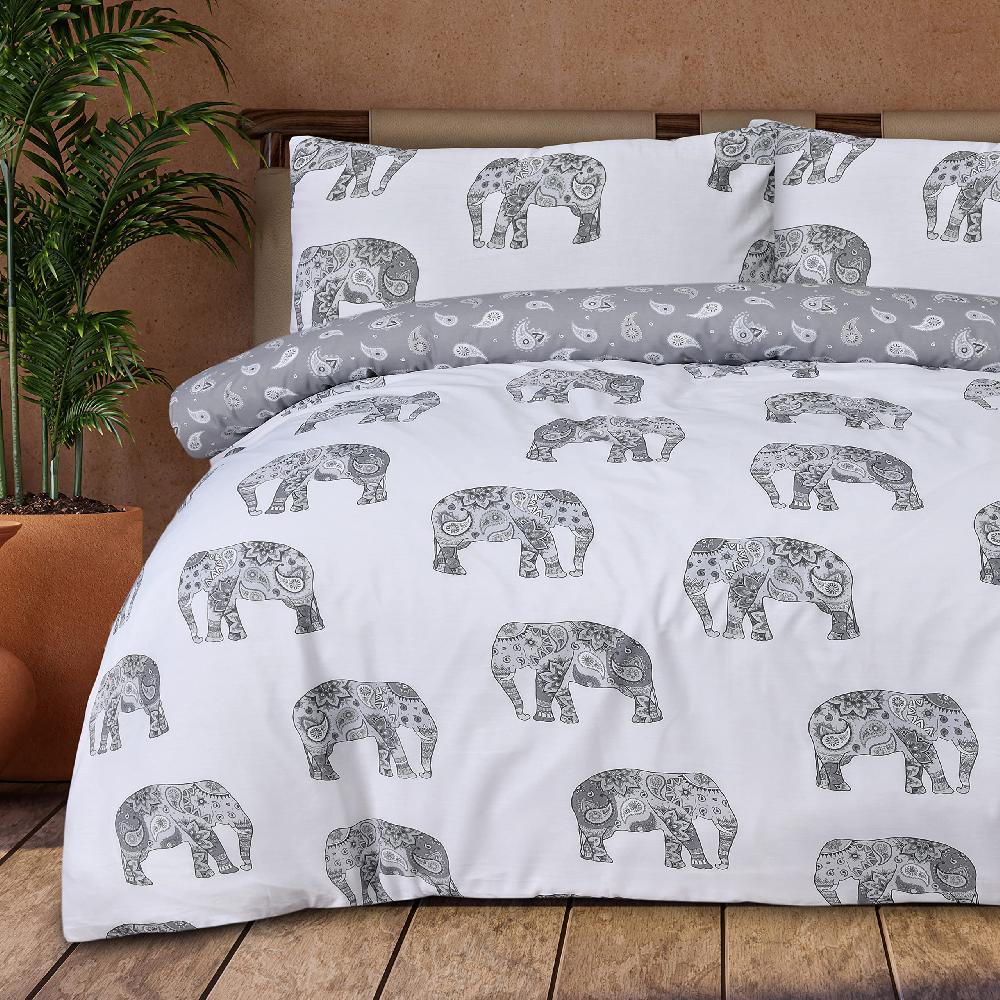 sleepdown Elephant Paisley - Reversible Duvet Cover & Pillowcase Set - Grey