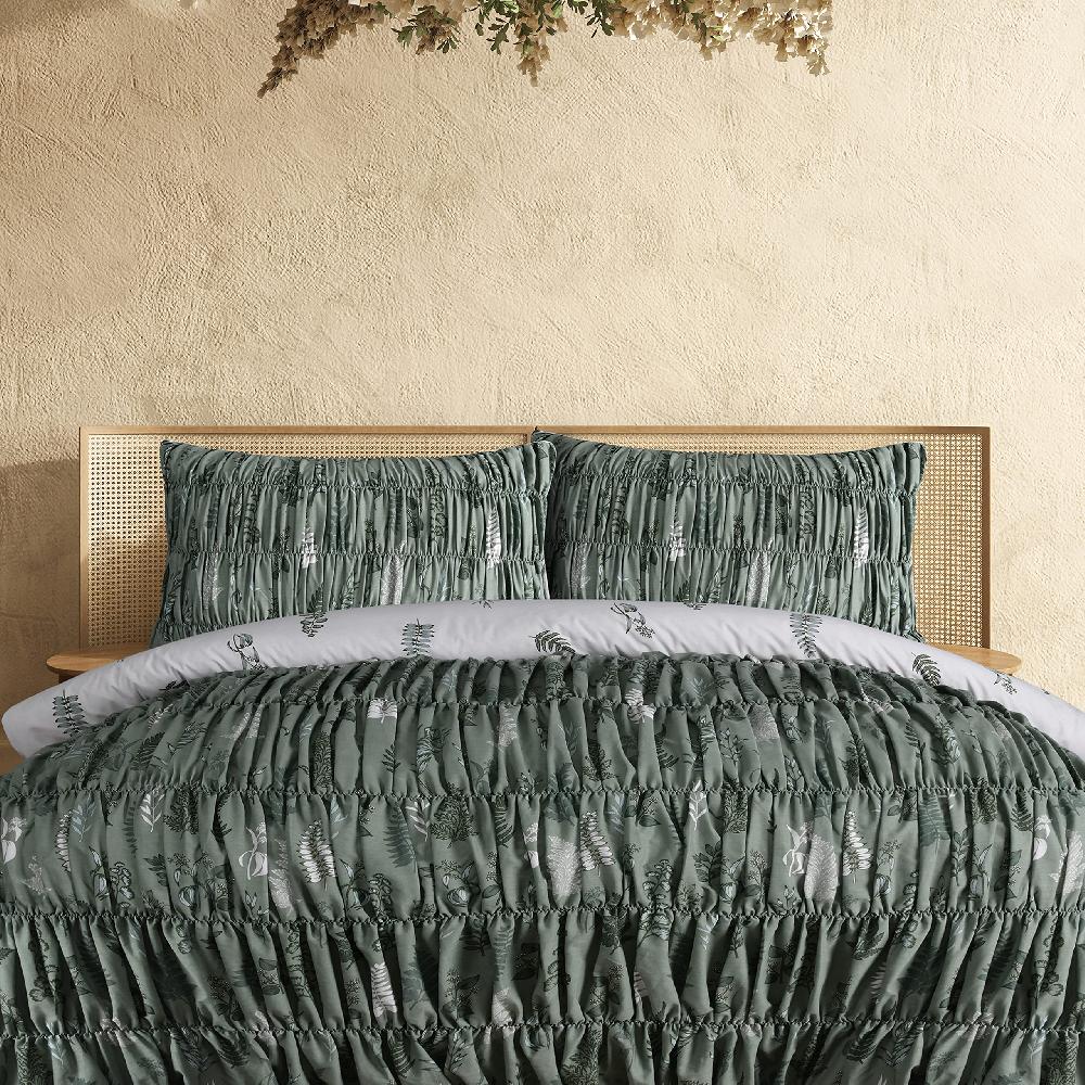 sleepdown Fern Leaves Ruched Pleats - Reversible Duvet Cover & Pillowcase Set