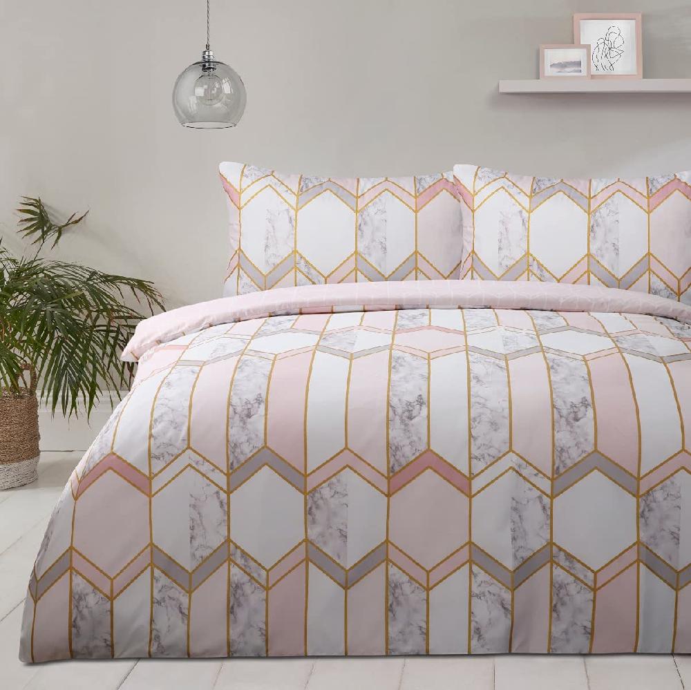 sleepdown Geometric Metallic Marble - Reversible Duvet Cover & Pillowcase Set