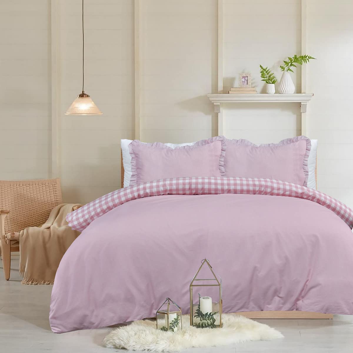 Sleepdown Gingham Check - Duvet Cover & Ruffle Edge Pillowcases Se