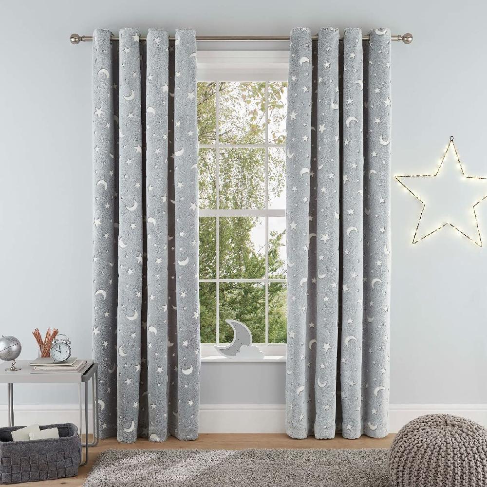 sleepdown Moon and Stars Teddy Fleece - Glow in the Dark Eyelet Curtains