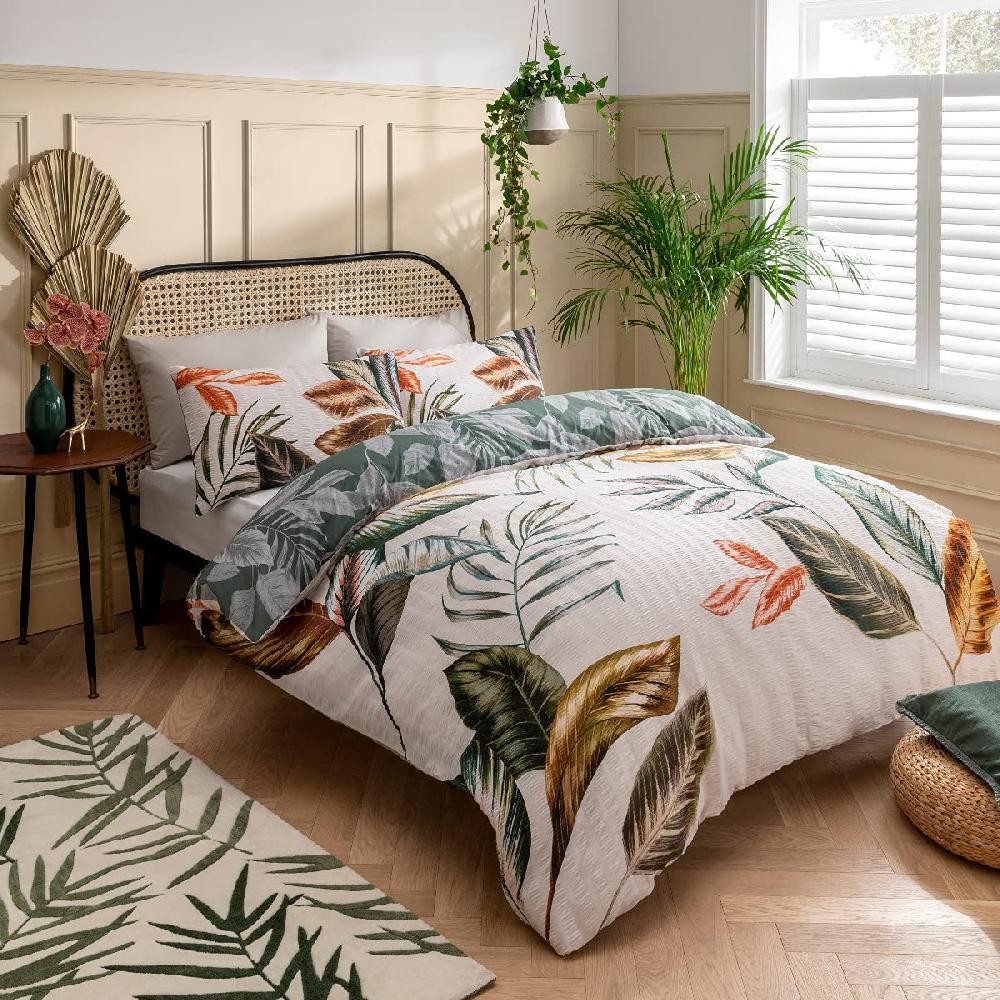 sleepdown Seersucker Tropical Leaf - Reversible Duvet Cover & Pillowcase Set