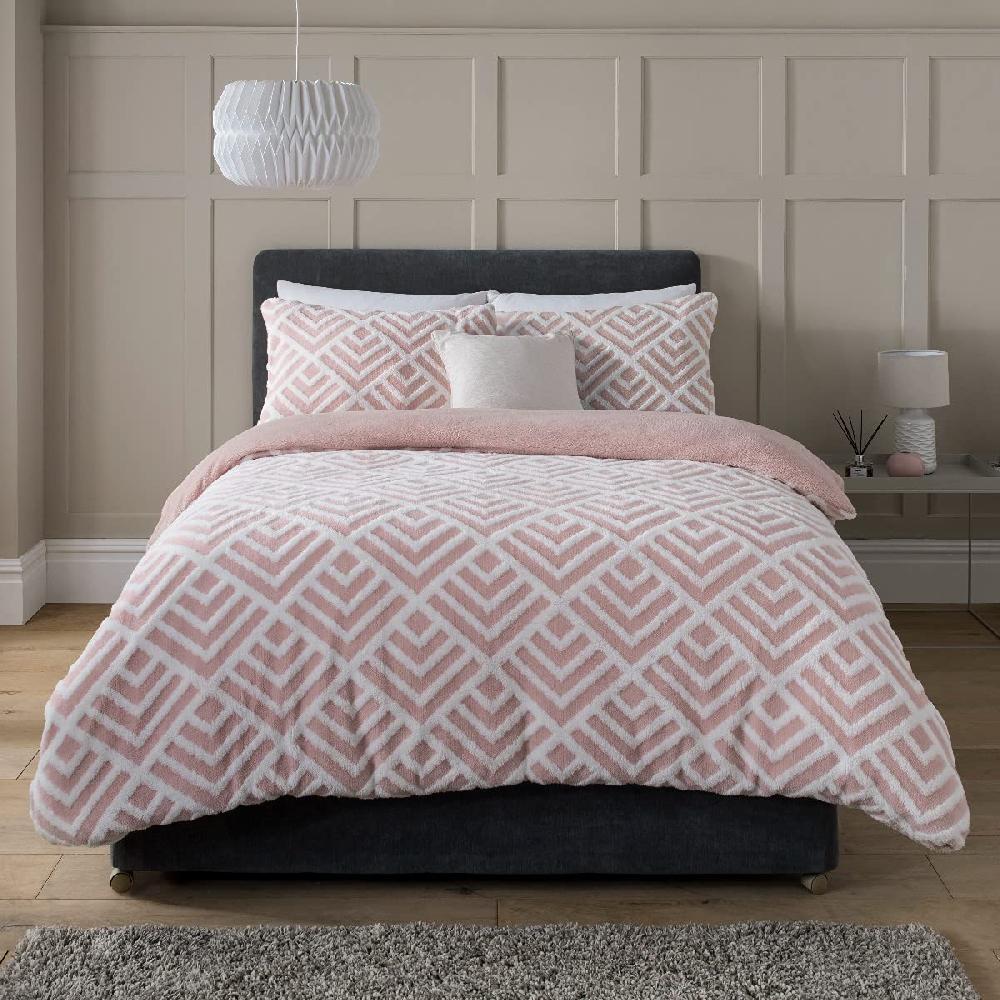 sleepdown Sleepdown Geo Jacquard Fleece Thermal Warm Cosy Super Soft Duvet Cover Quilt Bedding Set with Pillow Case