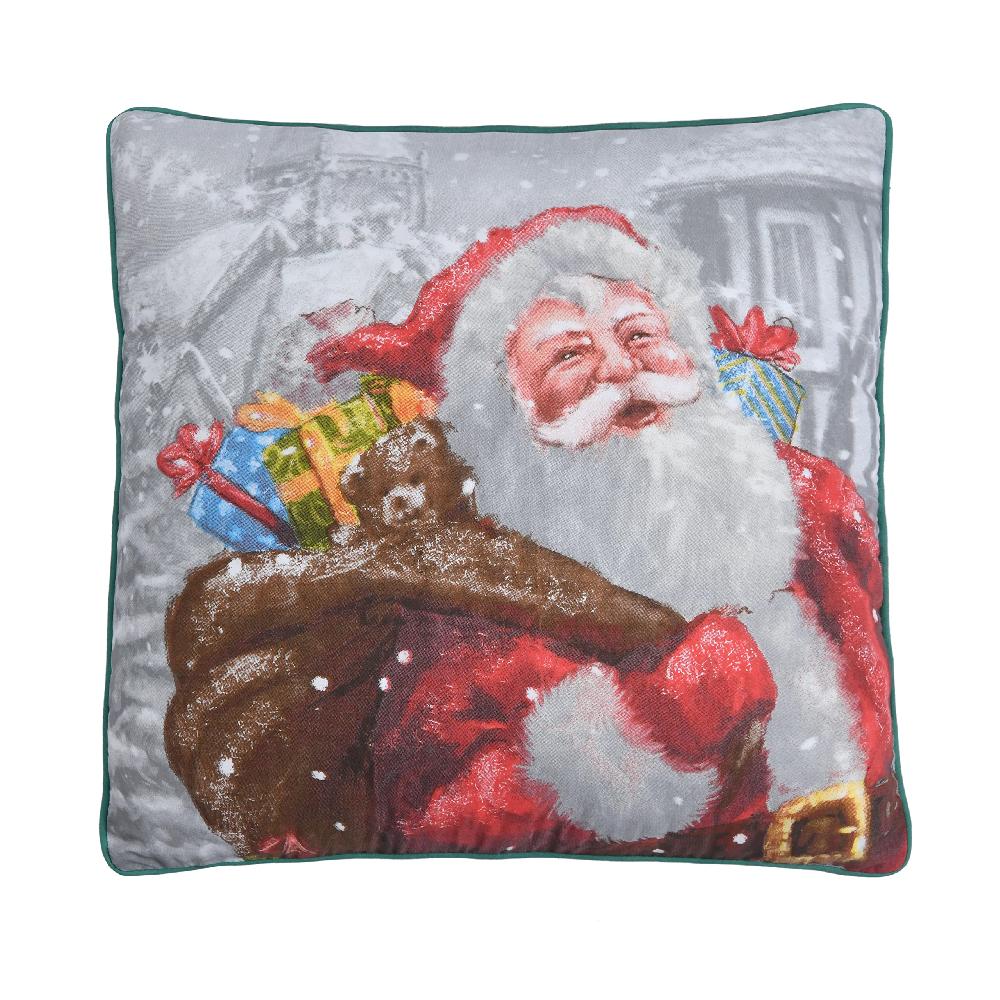 sleepdown Sleepdown Illustrated Father Christmas Santa Present Filled Cushion Soft Decorative Square Piped Edge Cushion for Home Decor Sofa Bedroom