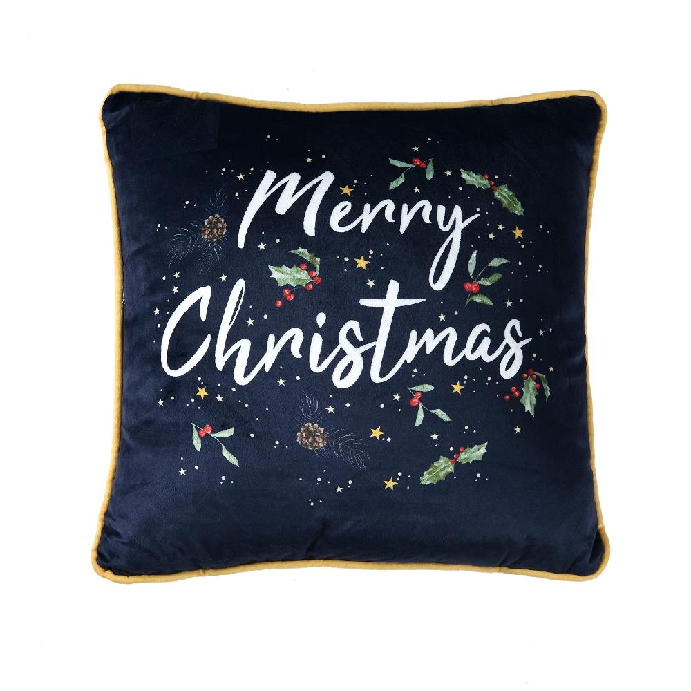 sleepdown Sleepdown Merry Christmas Slogan Filled Velvet Cushion Soft Decorative Square Piped Edge Holly Cushion For Home Decor Sofa Bedroom