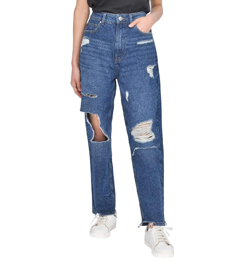 Sleepdown Torn Hem Ripped - Mom Jeans