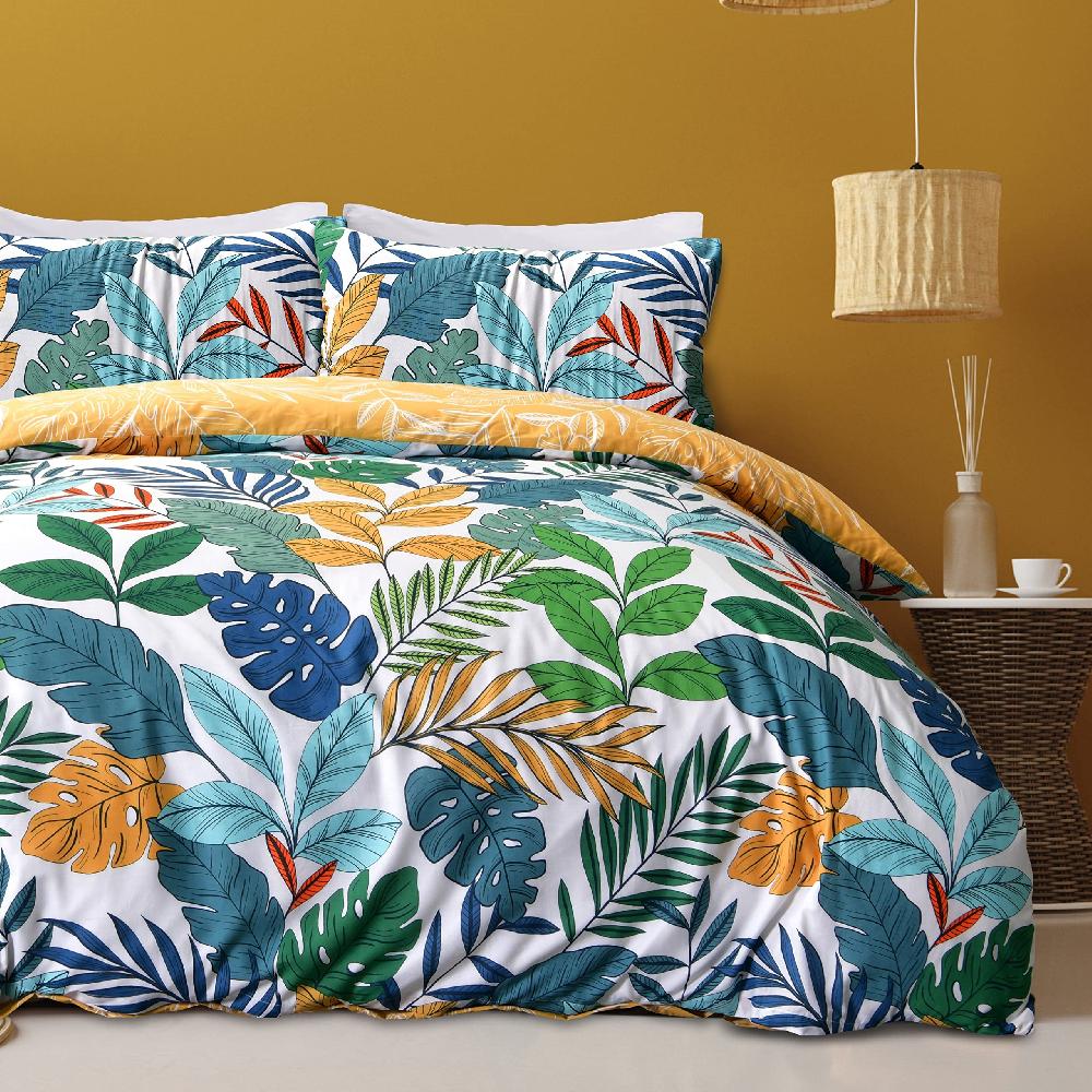 Sleepdown Tropical Jungle Leaves - Reversible Duvet Cover & Pillowcase Set
