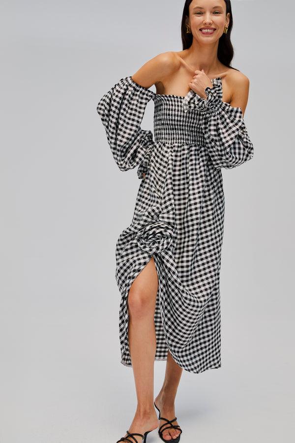 Sleeper Atlanta Linen Dress With Rose Detail In Black Vichy