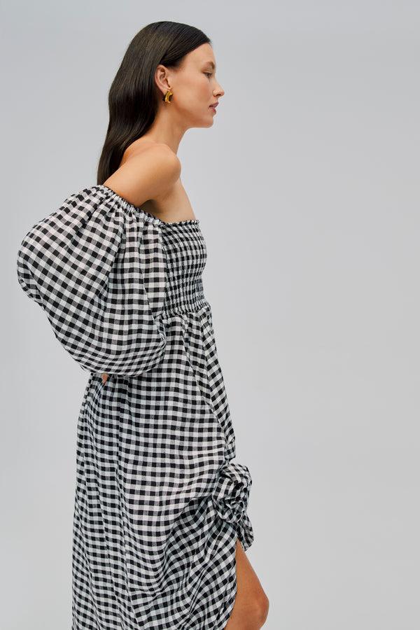 Sleeper Atlanta Linen Dress With Rose Detail In Black Vichy