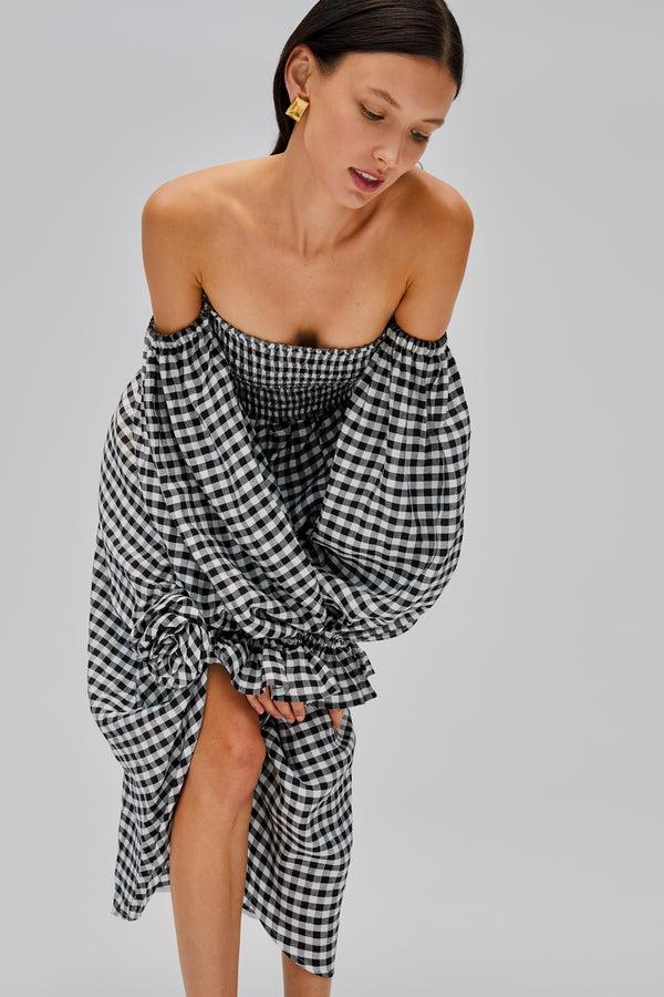 Sleeper Atlanta Linen Dress With Rose Detail In Black Vichy