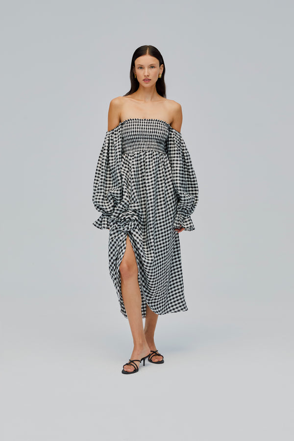 sleeper Atlanta Linen Dress with Rose Detail in Black Vichy