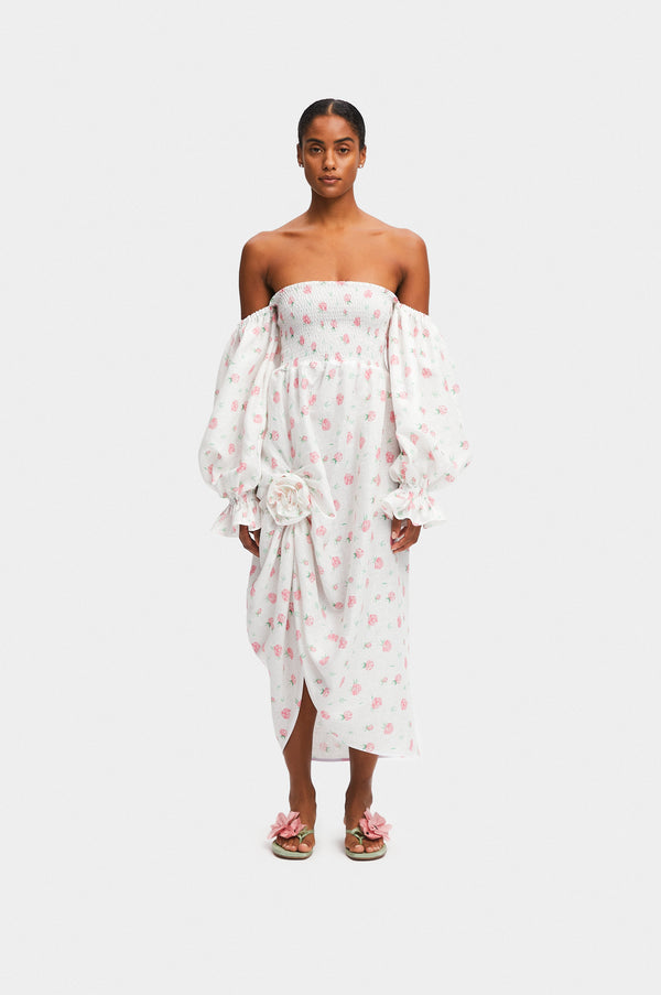 Sleeper Atlanta Linen Dress With Rose Detail In Roses