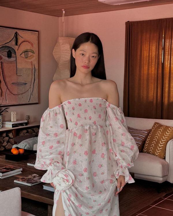 Sleeper Atlanta Linen Dress With Rose Detail In Roses