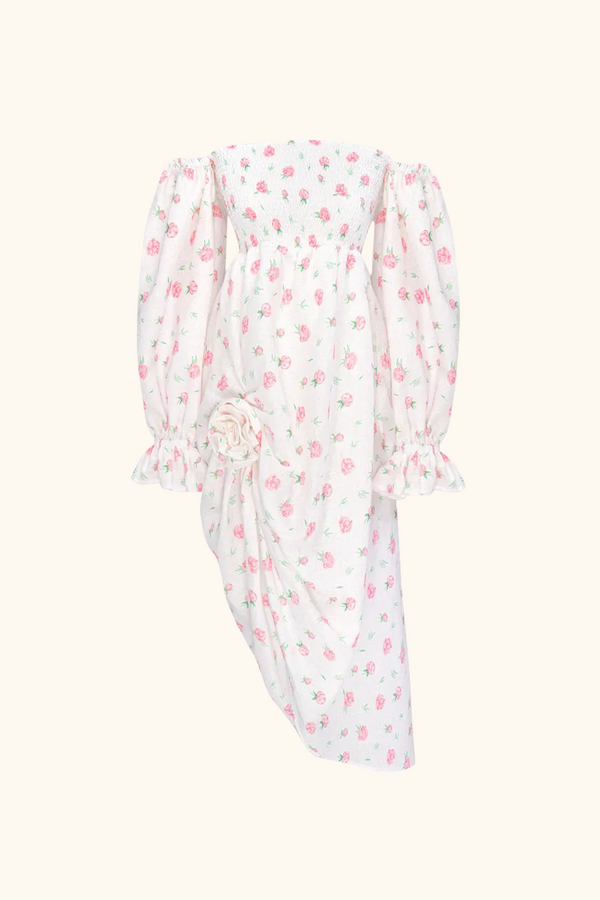 sleeper Atlanta Linen Dress with Rose Detail in Roses