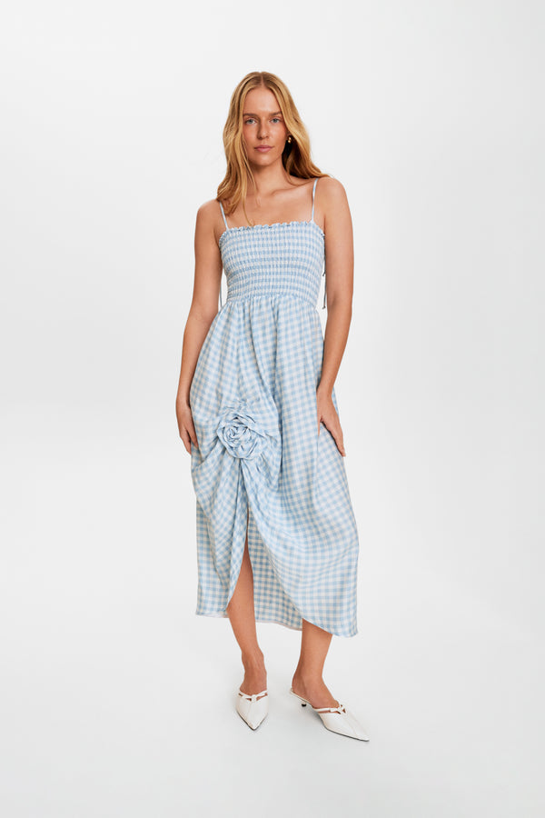 sleeper Atlanta Linen Strap Dress with Rose Detail in Blue Vichy