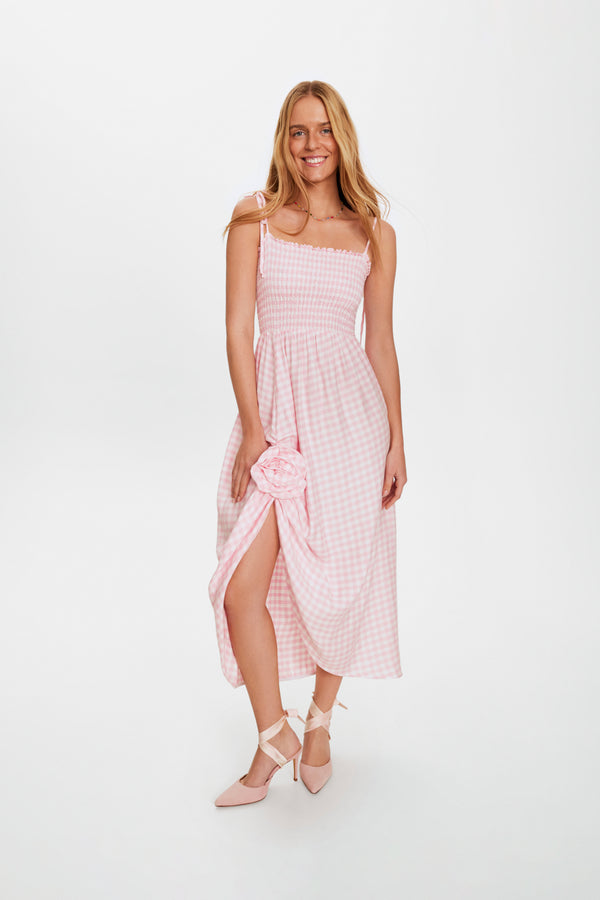 Sleeper Atlanta Linen Strap Dress With Rose Detail In Pink Vichy
