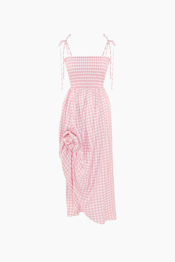 Sleeper Atlanta Linen Strap Dress With Rose Detail In Pink Vichy