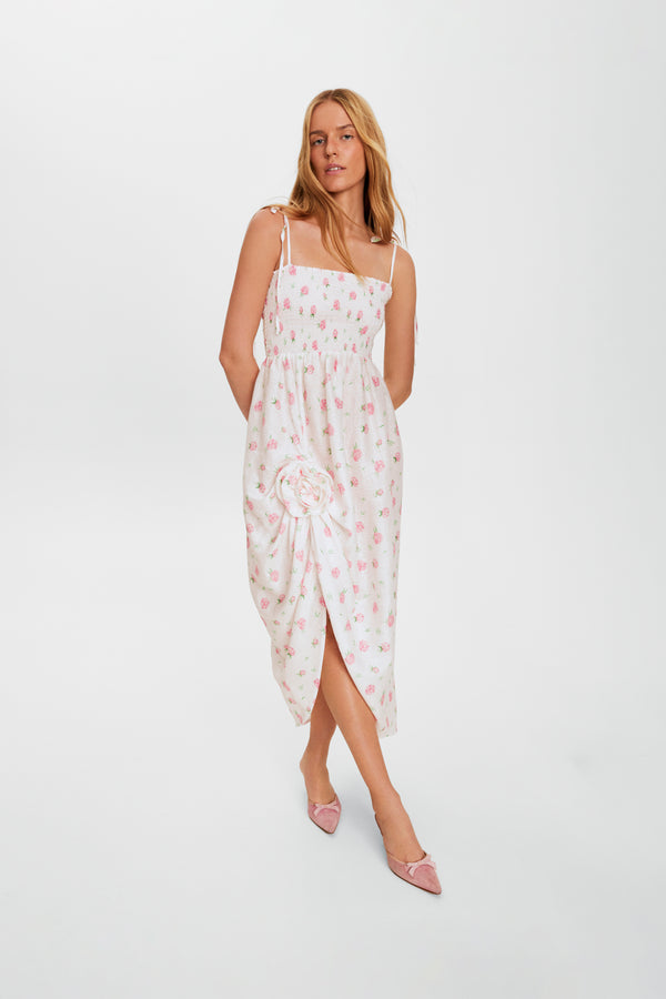 Sleeper Atlanta Linen Strap Dress With Rose Detail In Roses