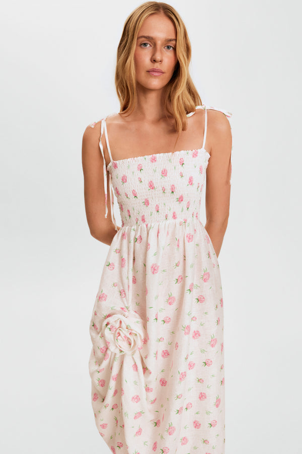Sleeper Atlanta Linen Strap Dress With Rose Detail In Roses