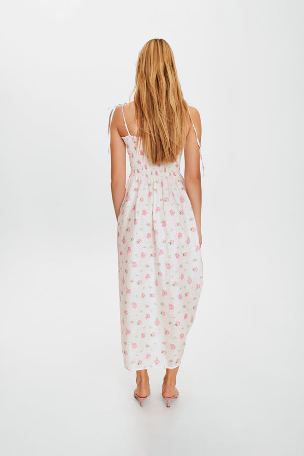 Sleeper Atlanta Linen Strap Dress With Rose Detail In Roses