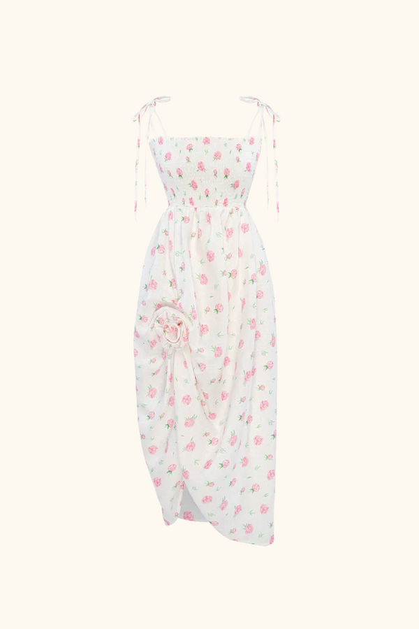 sleeper Atlanta Linen Strap Dress with Rose Detail in Roses