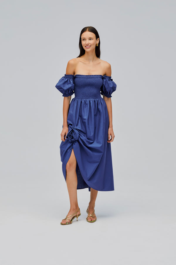 Sleeper Belle Cotton Dress With Rose Detail In Navy