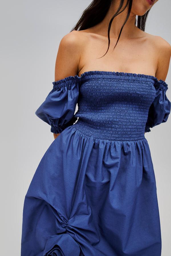 Sleeper Belle Cotton Dress With Rose Detail In Navy