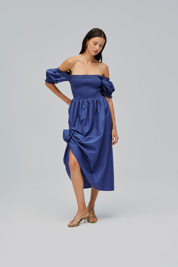 Sleeper Belle Cotton Dress With Rose Detail In Navy