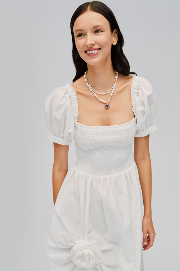 Sleeper Belle Cotton Dress With Rose Detail In White