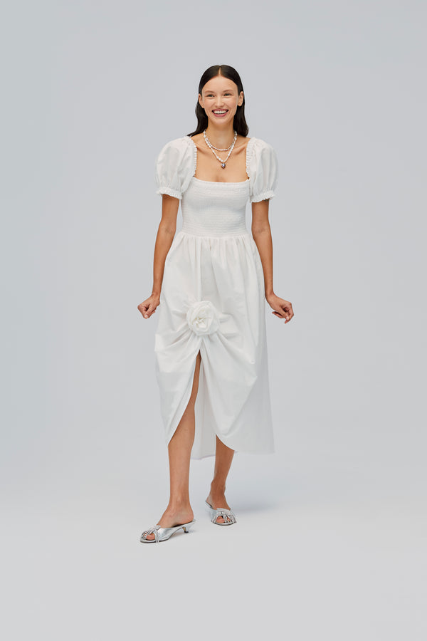 sleeper Belle Cotton Dress with Rose Detail in White