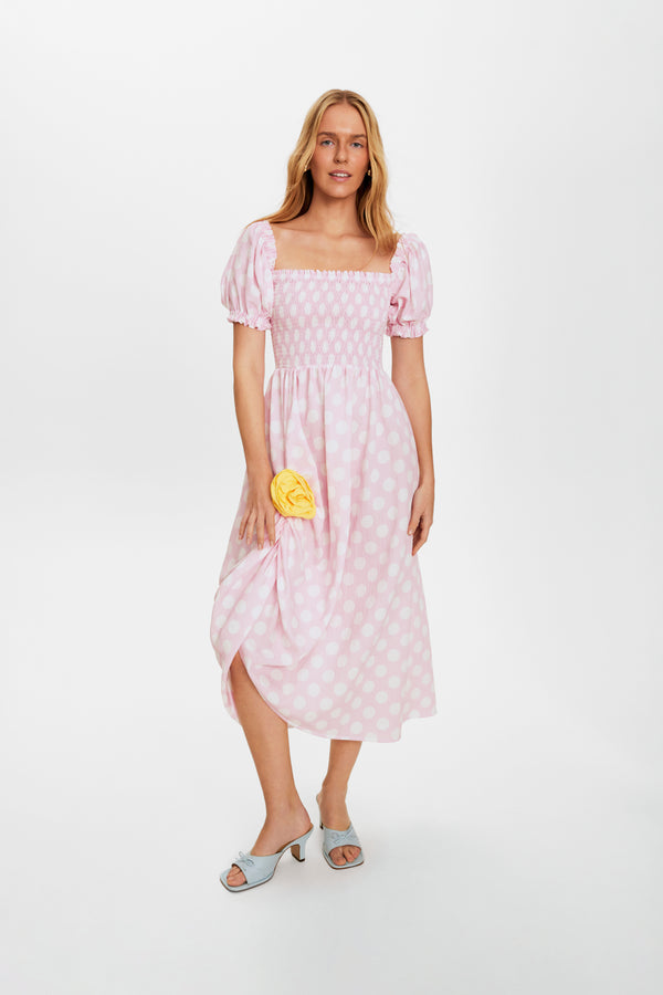 Sleeper Belle Dress With Rose Detail In Pink Polka Dot
