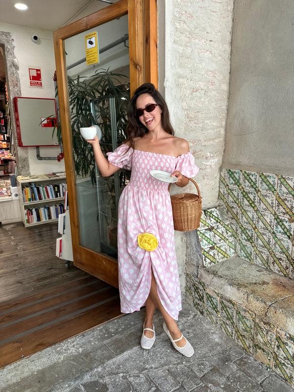 Sleeper Belle Dress With Rose Detail In Pink Polka Dot