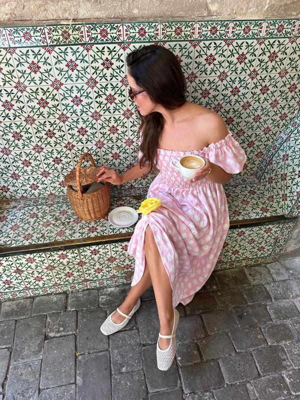 Sleeper Belle Dress With Rose Detail In Pink Polka Dot