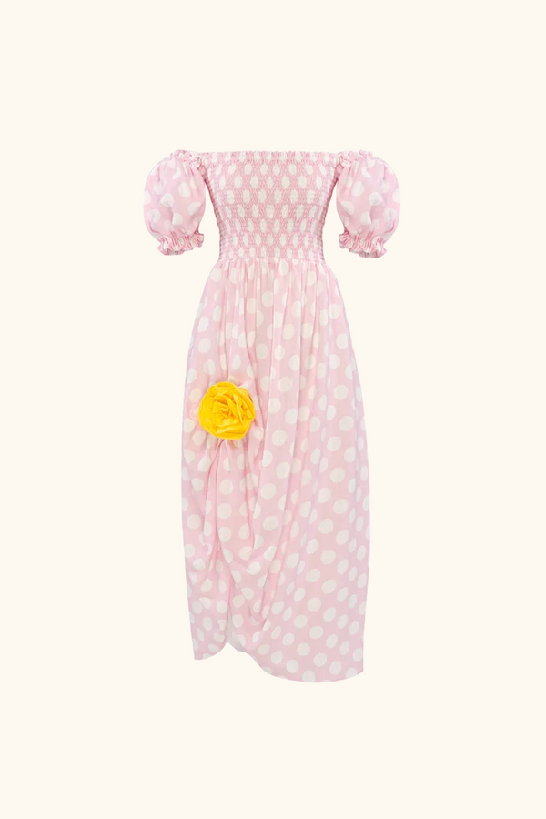 sleeper Belle Dress with Rose Detail in Pink Polka Dot