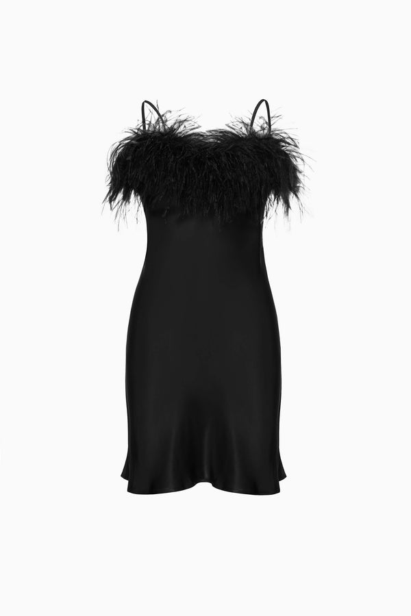 sleeper Boheme Mini Slip Dress with Feathers in Black